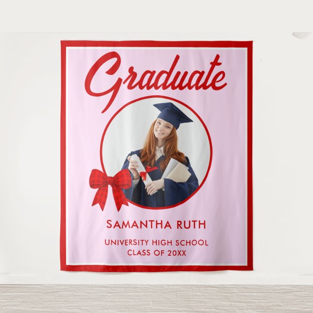 Red Gingham Bow Photo Graduation Backdrop Wandteppich (Vorderseite)