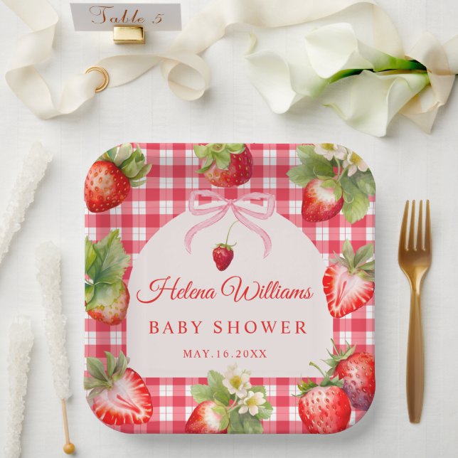 Red Gingham Bow Strawberry Baby Shower Paper Plate Pappteller (Hochzeit)