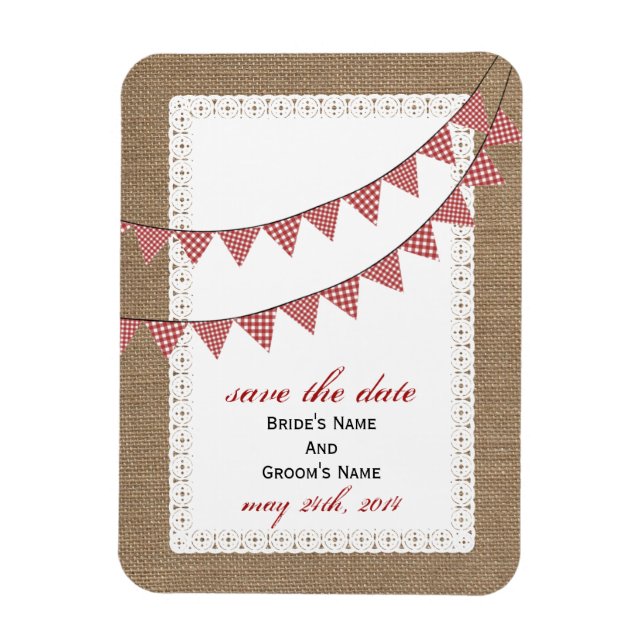 Red Gingham Bunting Burlap wurde Save the Date Ins Magnet (Vertikal)