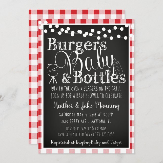 Red Gingham Burgers Bottles Baby Shower Einladung (Vorne/Hinten)