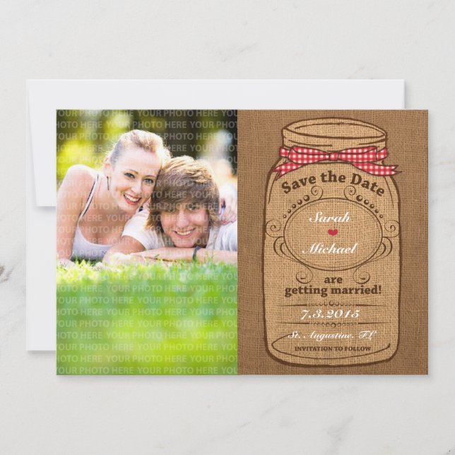 Red Gingham & Burlap Mason Jar Foto Save the Date (Vorderseite)