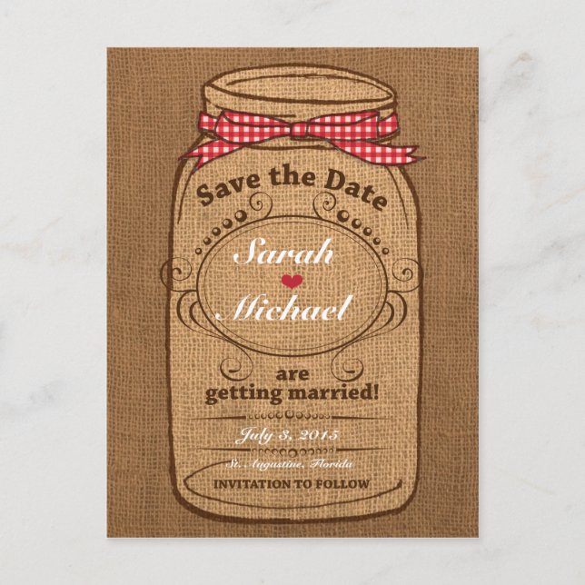 Red Gingham & Burlap Mason Jar Save the Date Ankündigungspostkarte (Vorderseite)