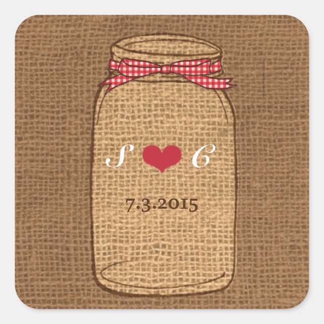 Red Gingham & Burlap Mason Jar Wedding Quadratischer Aufkleber (Vorderseite)
