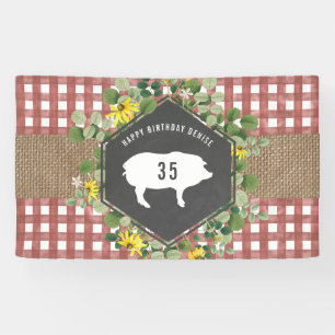 Red Gingham Burlap Pig Floral Birthday Grillen Banner