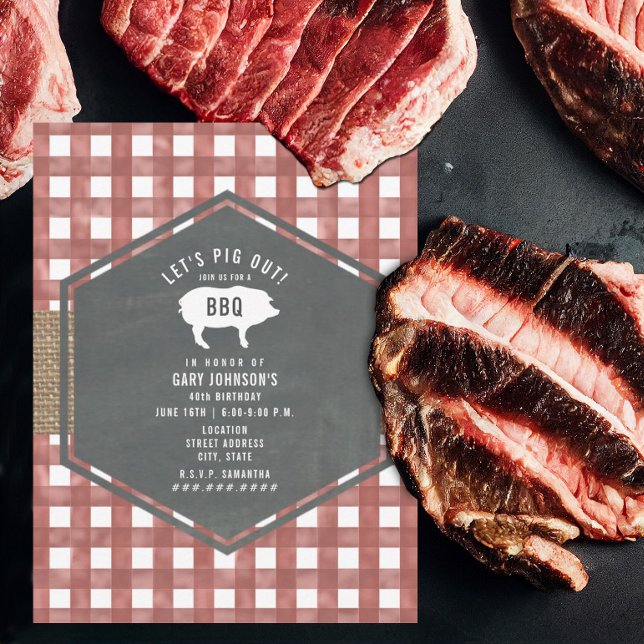 Red Gingham Chalkboard Pig Burlap Grillen Einladung (Von Creator hochgeladen)