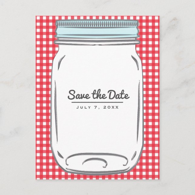 Red Gingham Checked Rustic Country Save the Date Ankündigungspostkarte (Vorderseite)