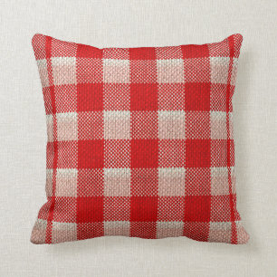 Red Gingham Checkered Pattern Burlap Look Kissen