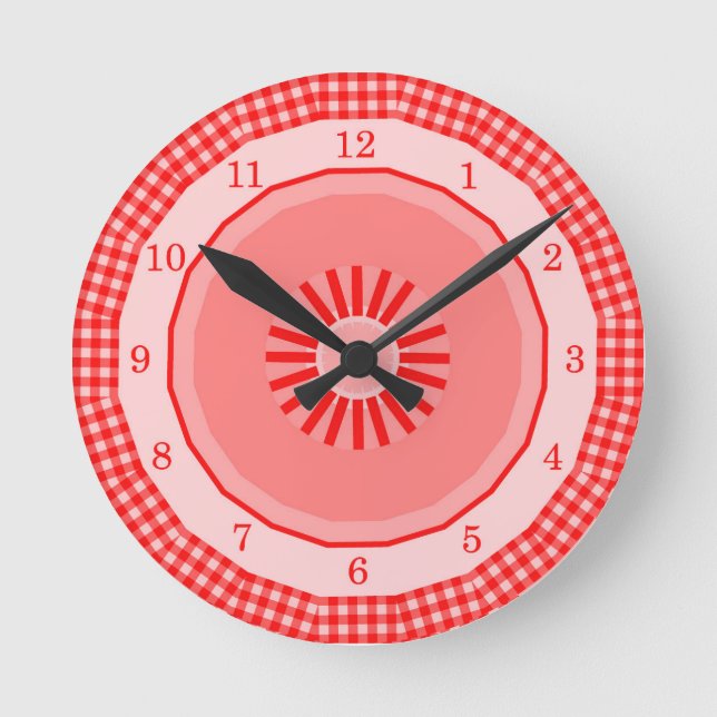 Red Gingham Country Checks Numbered Runde Wanduhr (Vorderseite)