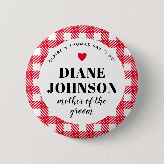 Red Gingham Country Chic Wedding Party Button (Vorderseite)