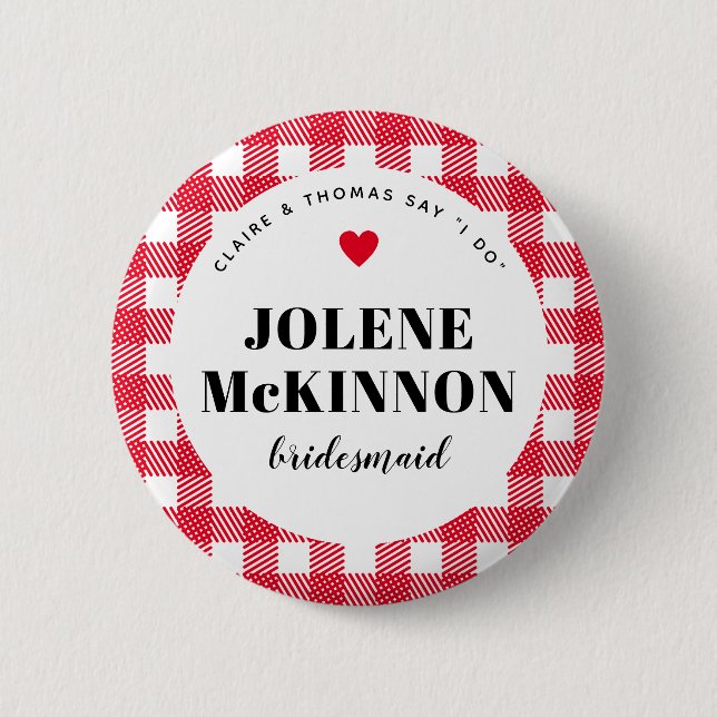 Red Gingham Country Wedding Bridesmaid Name Button (Vorderseite)