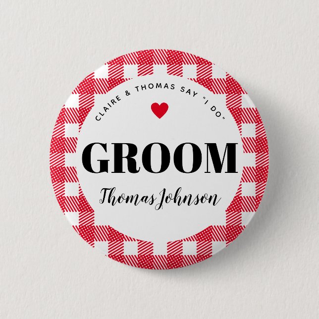Red Gingham Country Wedding Groom's Name Button (Vorderseite)
