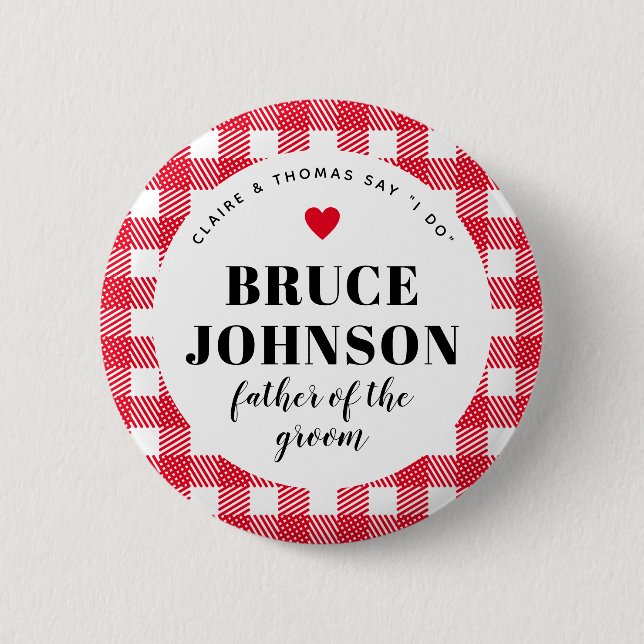 Red Gingham Country Wedding Party Vater der Groom Button (Vorderseite)