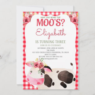 Red Gingham Cow Birthday Farm Animals Barnyard Einladung