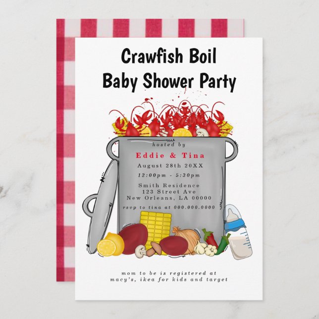 Red Gingham Crawfish Boil Babydusche Einladung (Vorne/Hinten)
