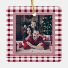 Red Gingham Elegant Zwei-Seiten-2-Foto Weihnachten Keramikornament