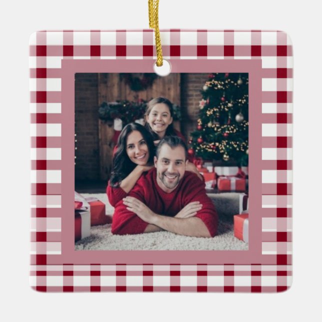 Red Gingham Elegant Zwei-Seiten-2-Foto Weihnachten Keramikornament (Vorderseite)