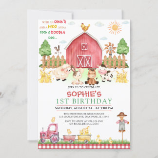 Red Gingham Farm Animals Barnyard Birthday Einladung