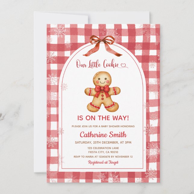 Red Gingham Gingerbread Christmas Baby Shower  Einladung (Vorderseite)