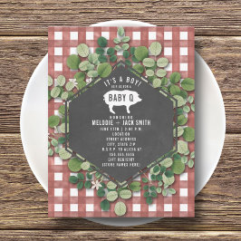 Red Gingham Greenery Baby Q Baby Shower Einladung