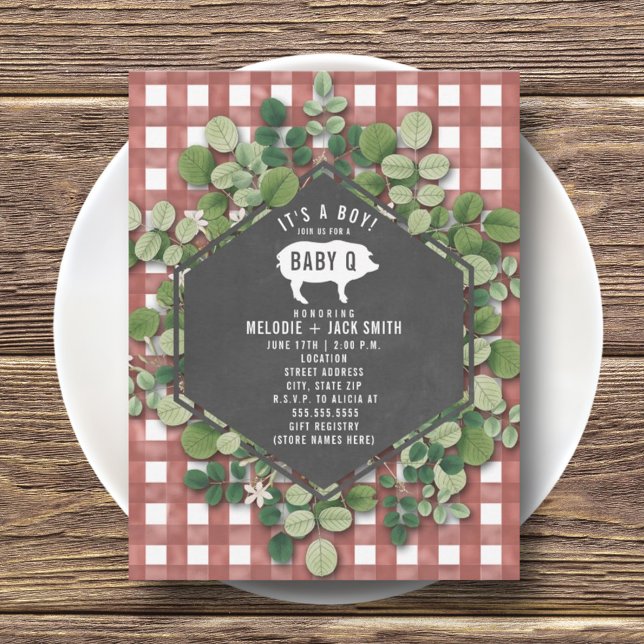 Red Gingham Greenery Baby Q Baby Shower Einladung (Von Creator hochgeladen)