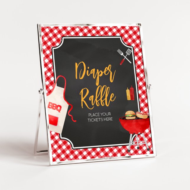 Red Gingham GRILLEN Baby Duwer Diaper Raffle Poster (Burger in the Oven Baby Shower Diaper Raffle Sign)
