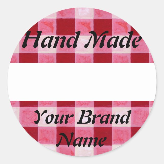 Red Gingham Hand Made Label Runder Aufkleber (Vorderseite)