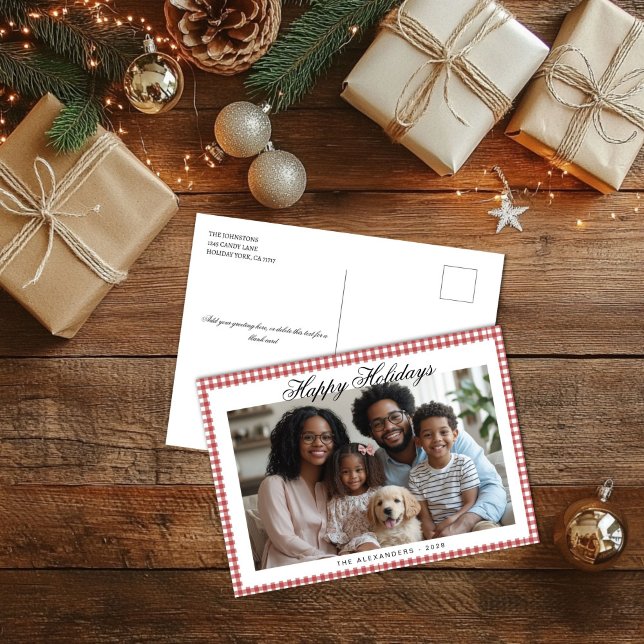 Red Gingham Holiday Foto Feiertagspostkarte (Vintage Red Gingham Holiday Photo Post Card)