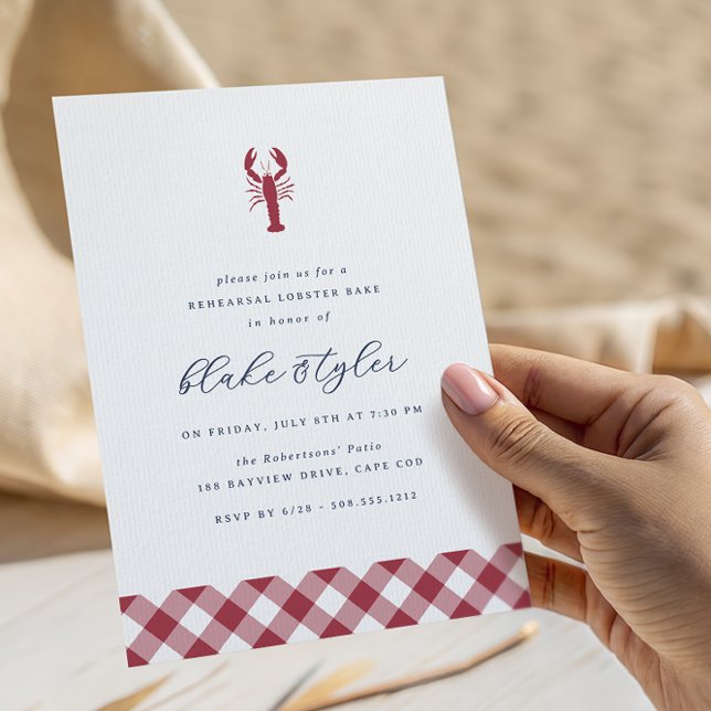 Red Gingham | Hummer Bake Probe Dinner Einladung (Coastal lobster bake rehearsal dinner invitations)