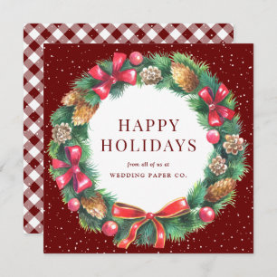 Red Gingham Kariert Holly Berries Wreath Business Feiertagskarte