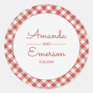 Red Gingham Karo Fun Lässig Custom Wedding Gefalle Runder Aufkleber