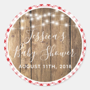 Red Gingham Karo Kariert Rustic Wood Event Showroo Runder Aufkleber