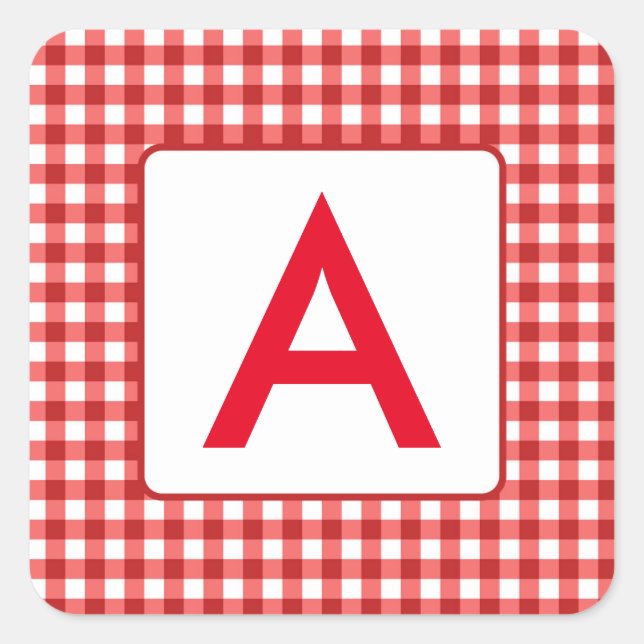 Red Gingham Karo Monogram Square Stickers (Vorderseite)