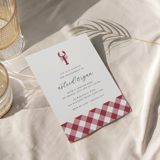 Red Gingham | Lobbake-Engagement-Partei Einladung (Coastal lobster bake engagement party invitations)