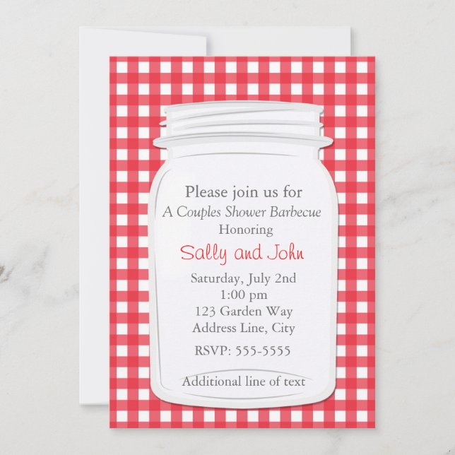 Red Gingham Mason Jar Country Picnic Summer Invite Einladung (Vorderseite)