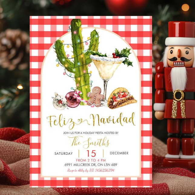 Red Gingham Mexican Feliz Navidad Christmas Party Einladung (Von Creator hochgeladen)