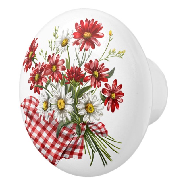 Red Gingham mit Red and White Blume Bouquet Keramikknauf (Rechts)