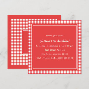 Red Gingham Monogram Birthday Party Einladung