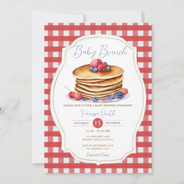 Red Gingham Pancake Baby Brunch Berry Baby Dusche Einladung (Vorderseite)