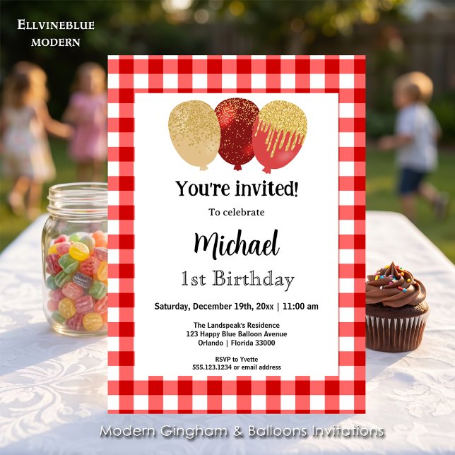 Red Gingham, Party Balloons 1. Geburtstag Einladung (Red gingham balloon invitations! For 1st Birthday or any birthday. Size 5” x 7”.)