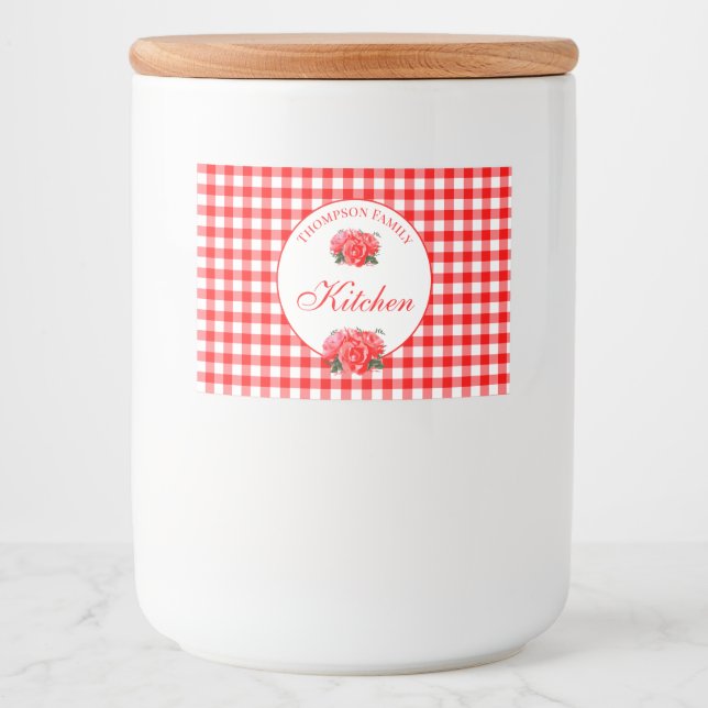 Red Gingham Personalisiert Food Getränke Label Set Lebensmitteletikett (Vorderseite)