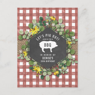 Red Gingham Pig Burlap Floral Birthday Grillen Postkarte