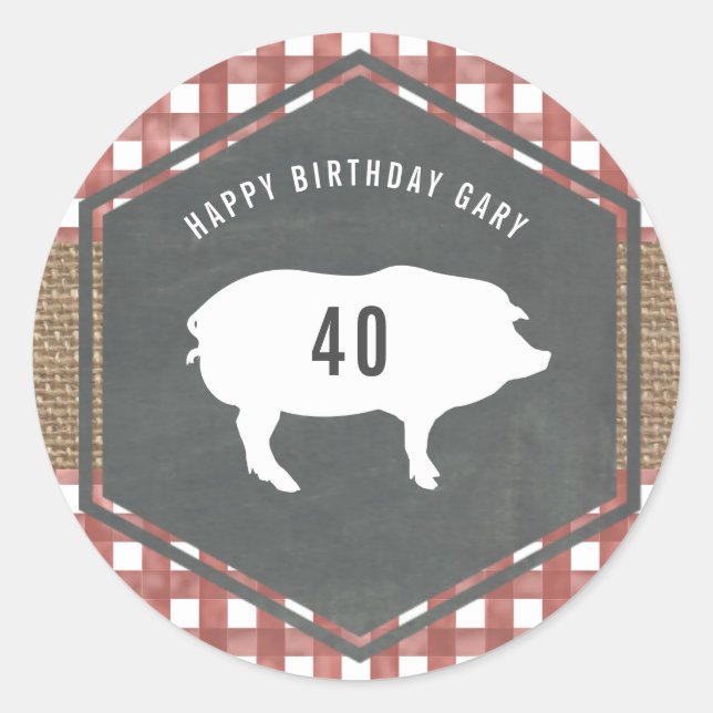 Red Gingham Pig Burlap Grillen Runder Aufkleber (Vorderseite)