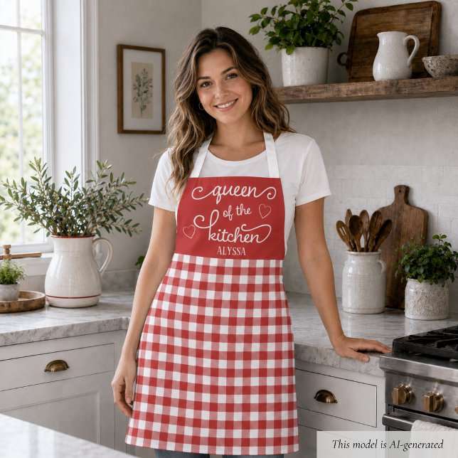Red Gingham Queen of the Kitchen Schürze (cute red gingham queen of the kitchen apron with custom monogram name)