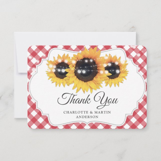 Red Gingham Rustic Sunflower Wedding Dankeskarte (Vorderseite)