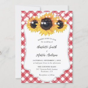 Red Gingham Rustic Sunflower Wedding Einladung