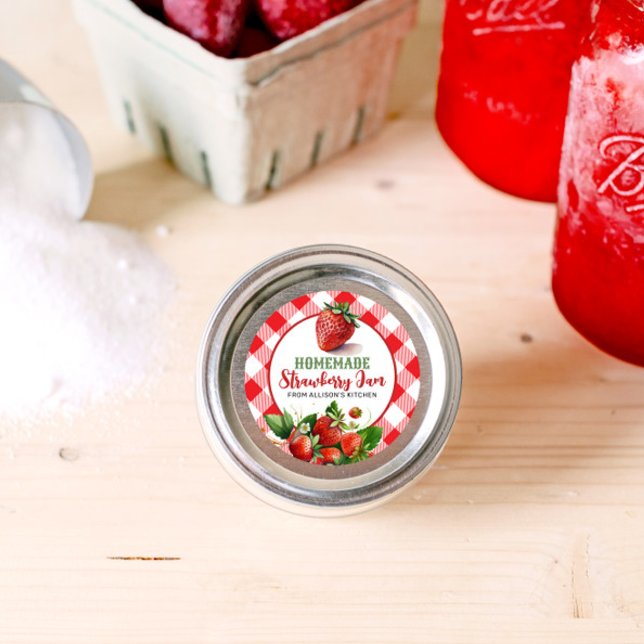 Red Gingham Strawberry Jam Jar Label Quadratischer Aufkleber (Von Creator hochgeladen)