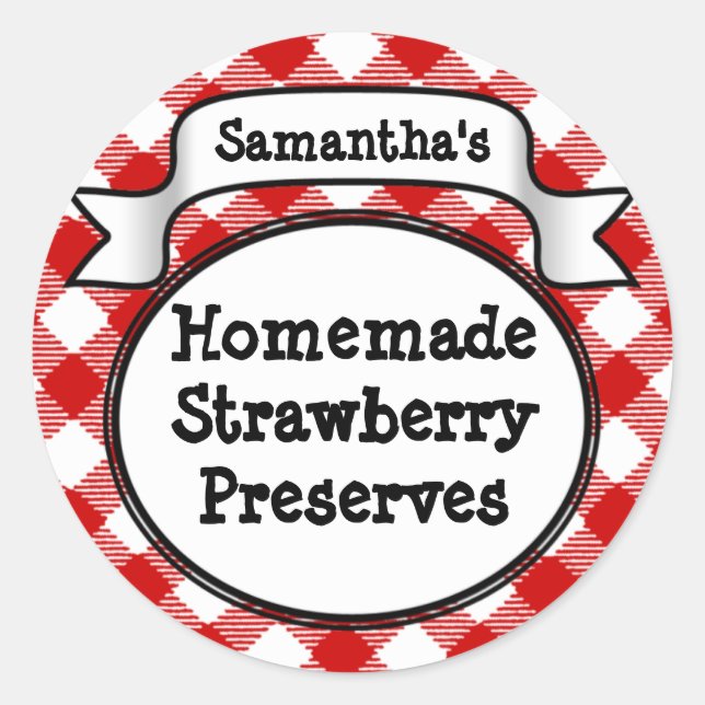 Red Gingham Strawberry Jelly Jam Jar Label Runder Aufkleber (Vorderseite)