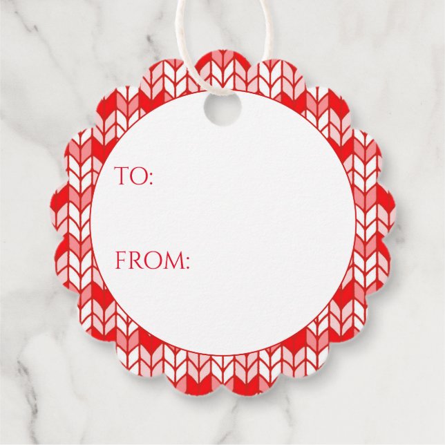 RED GINGHAM STRICK Scalloped Round Gift Tags Geschenkanhänger (Rückseite)