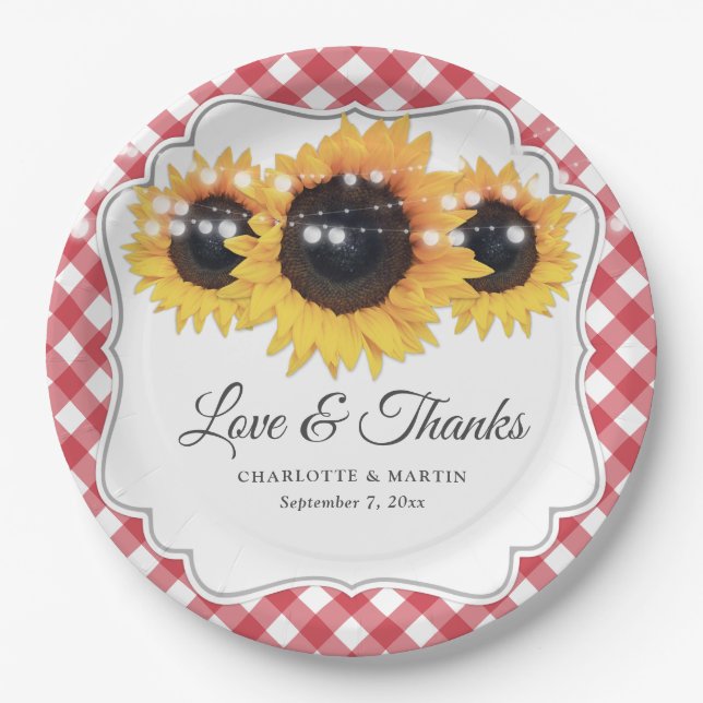 Red Gingham Sunflower Liebe und Danke Wedding Pappteller (Vorderseite)