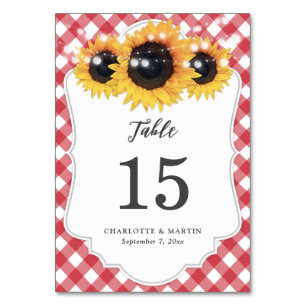 Red Gingham Sunflower Wedding Tischnummer Card